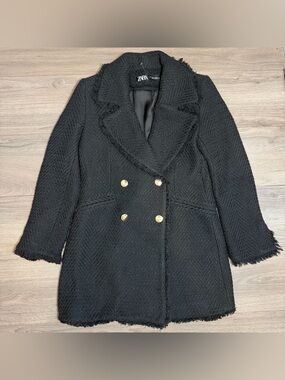 ZARA Black Double-Breasted Tweed Bouclé Coat
